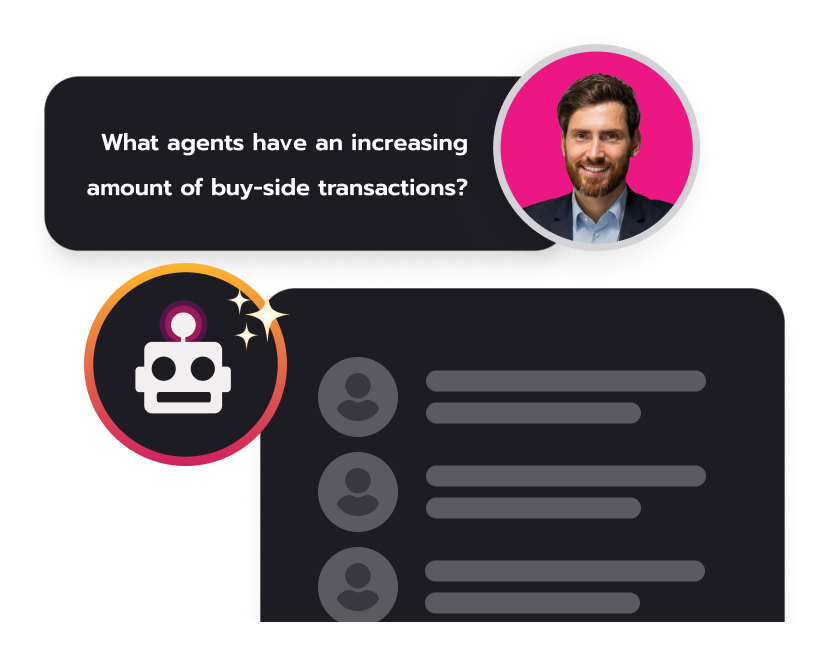 A professional asking Homebot AI which agents have an increasing amount of buy-side transactions