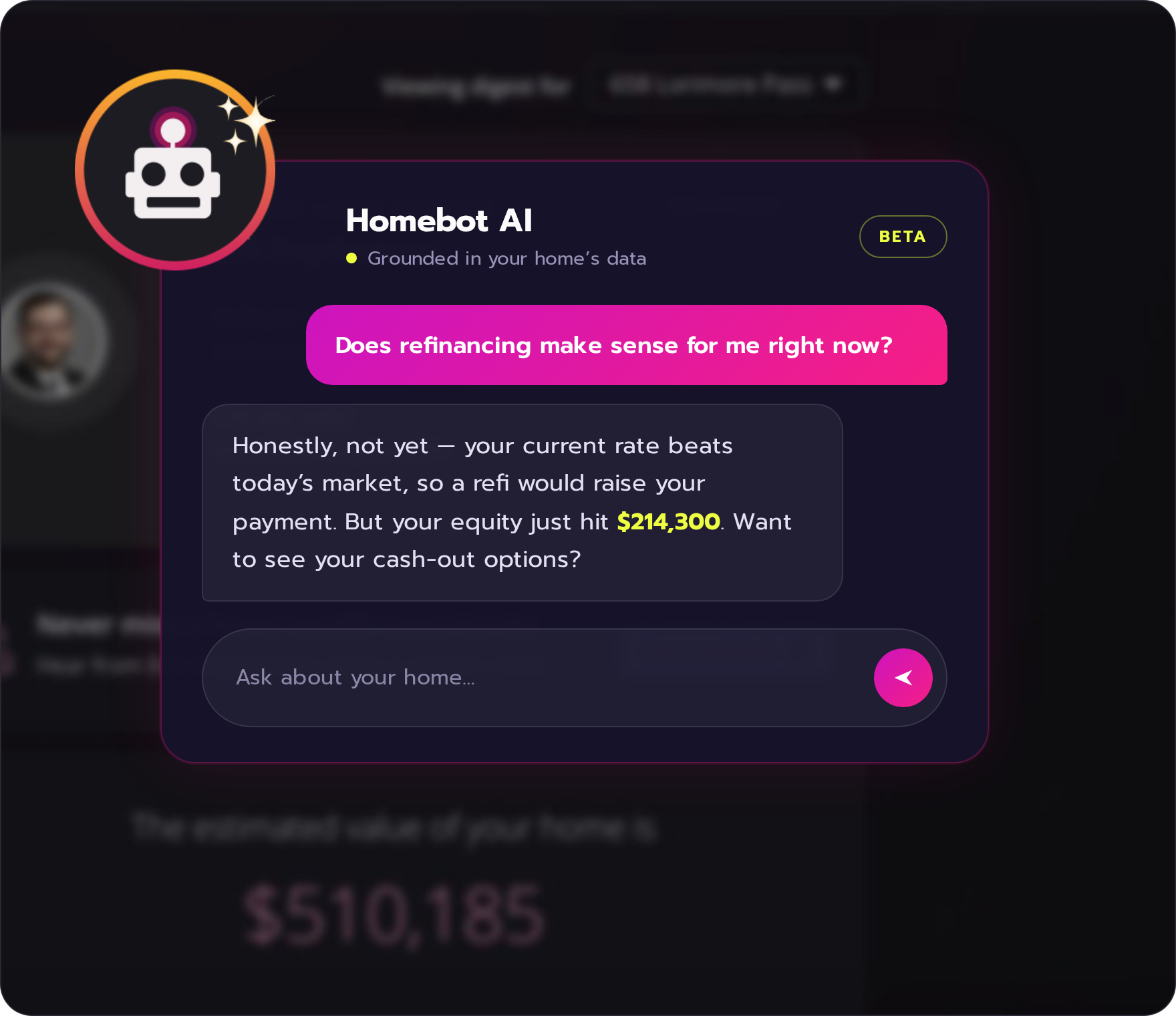 A homeowner asking Homebot AI whether refinancing makes sense and getting an answer grounded in their home data
