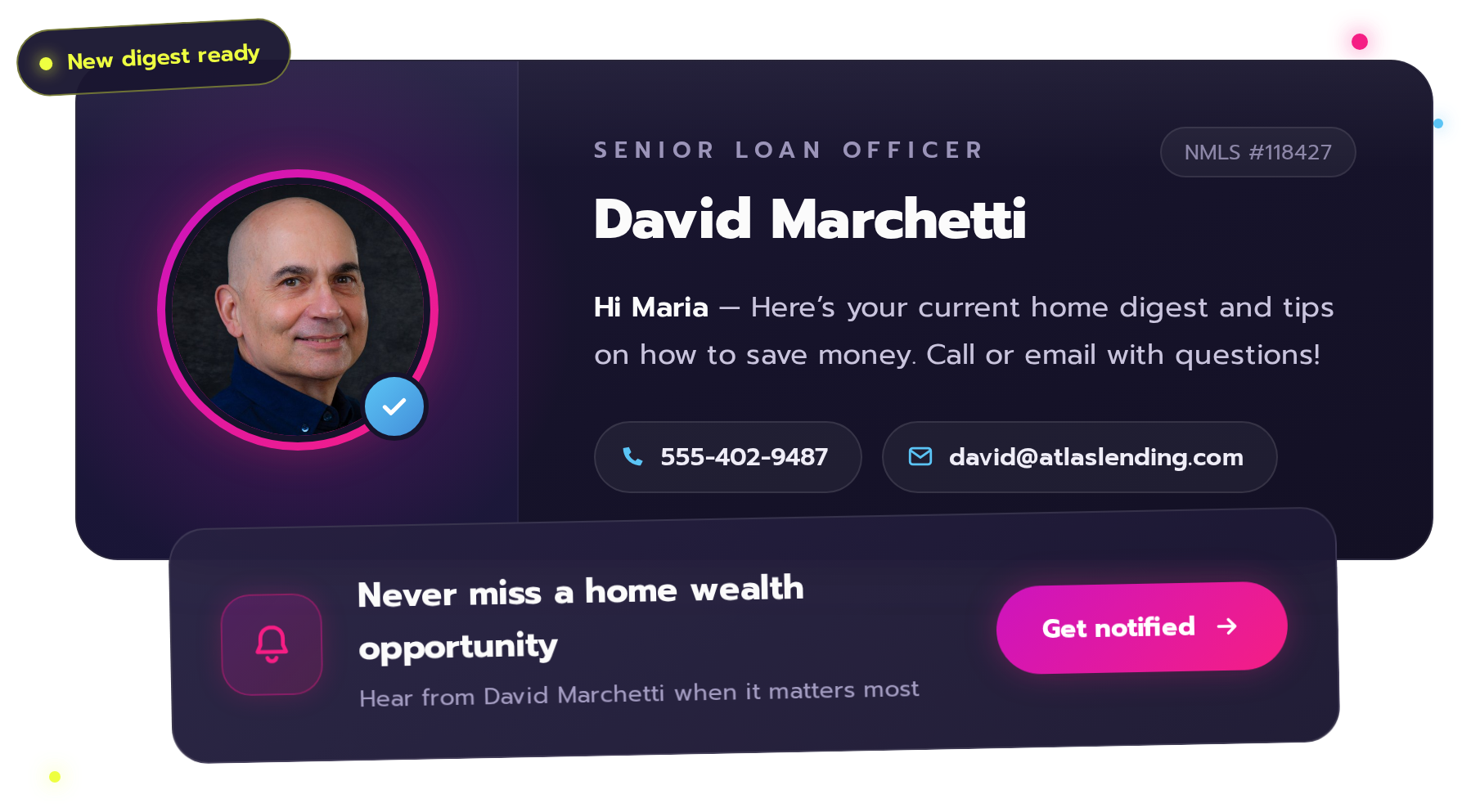 Homebot consent capture card for a loan officer with a Get notified button so homeowners can opt in to calls and texts
