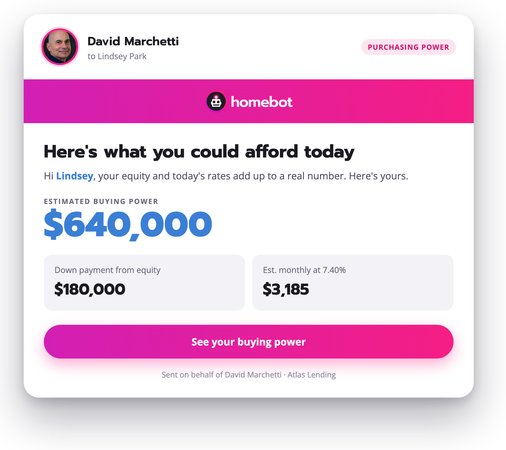 Purchasing Power email showing a homeowner's estimated buying power, down payment from equity, and monthly payment