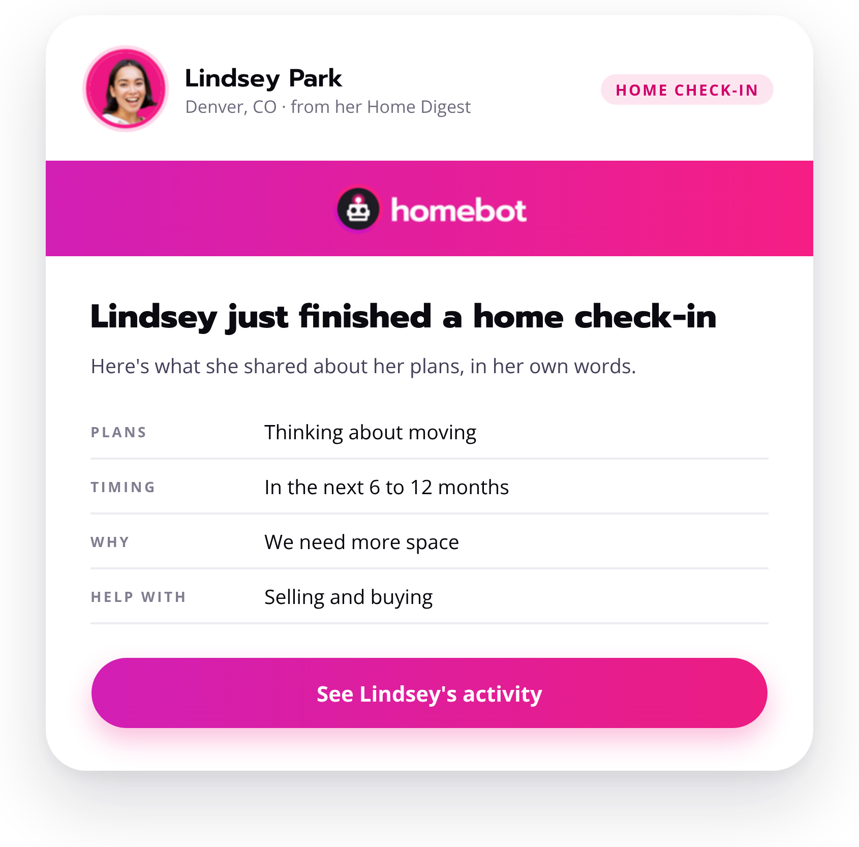 Home check-in alert email showing a homeowner's moving plans, timing, and reason in their own words