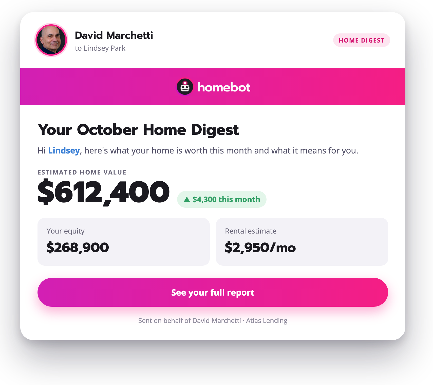 Light-only Home Digest email showing estimated home value, equity, and rental estimate
