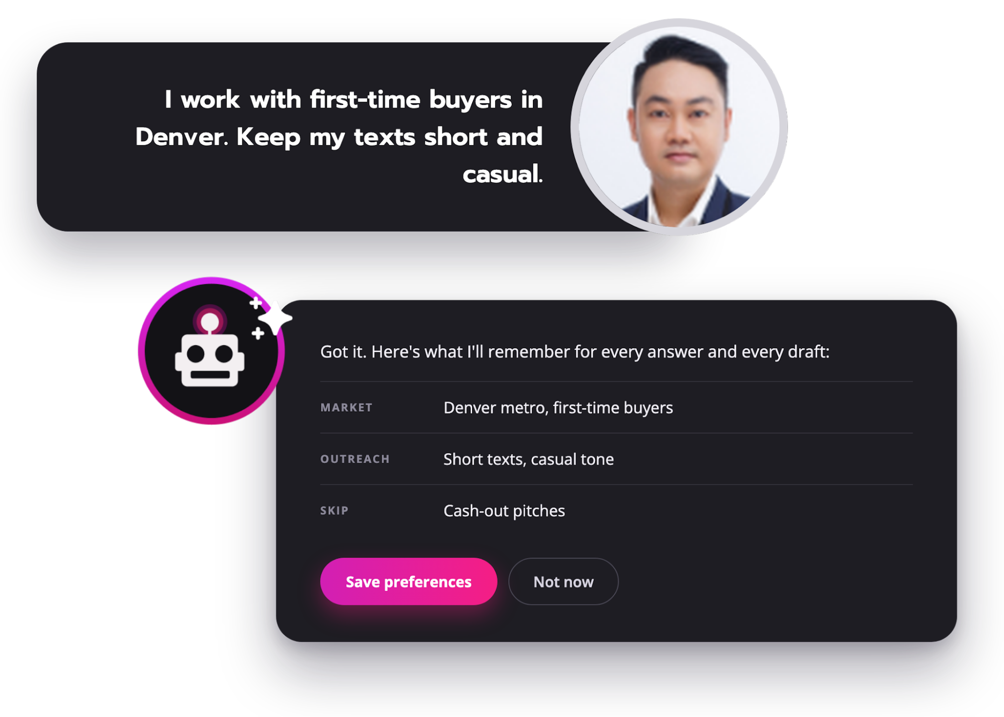 HomebotAI preferences for market focus, client types, and the tone of drafted messages