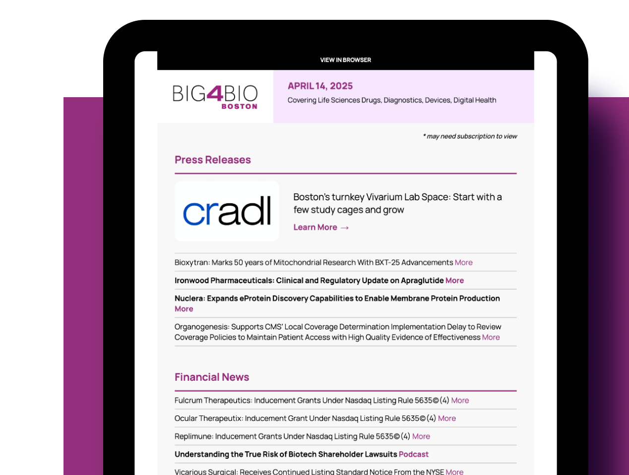 A Big4Bio:Boston daily edition shown on a tablet