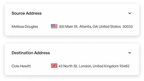 Two address fields: Source Address with Melissa Douglas at 851 Main St. Atlanta, GA 30033, USA, and Destination Address with Cole Hewitt at 43 North St. London, UK 93482, each with respective country flags.