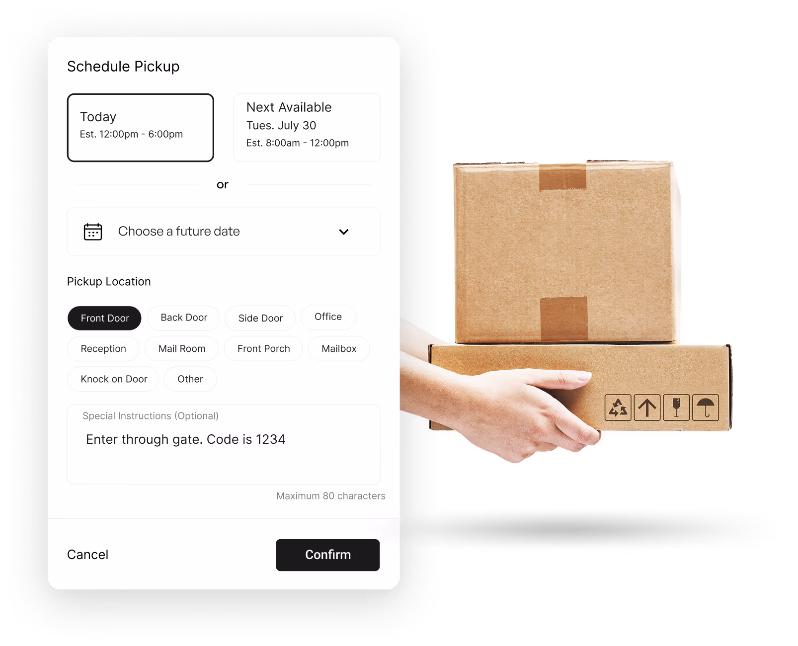 schedule pickup tool showing a scheduling component