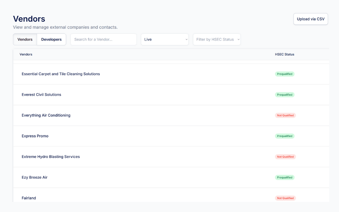 Built Bond construction software vendor management dashboard showing prequalified contractors and HSEC status tracking