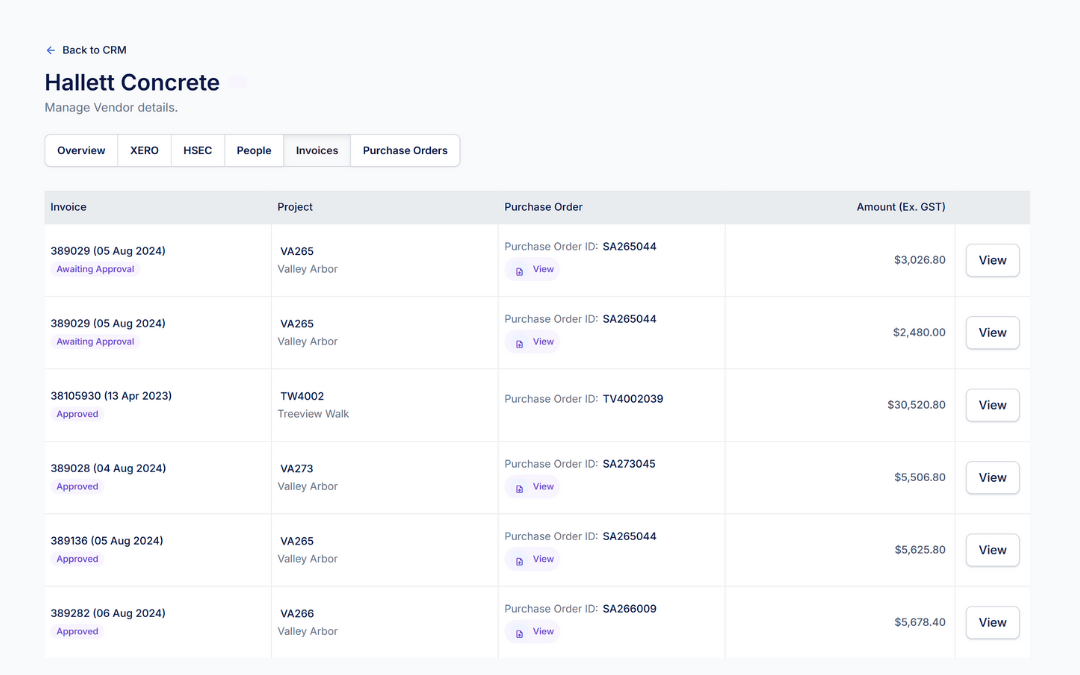 Built Bond vendor profile page displaying invoice tracking and purchase order management for construction projects