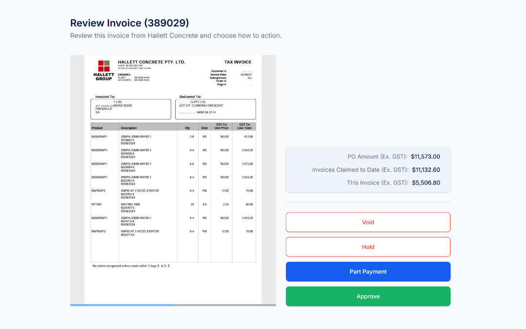 Built Bond invoice review interface with approval workflow and budget tracking for construction project management