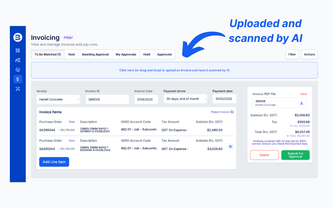 Built Bond intelligent invoice scanning interface showing AI document processing for residential construction management