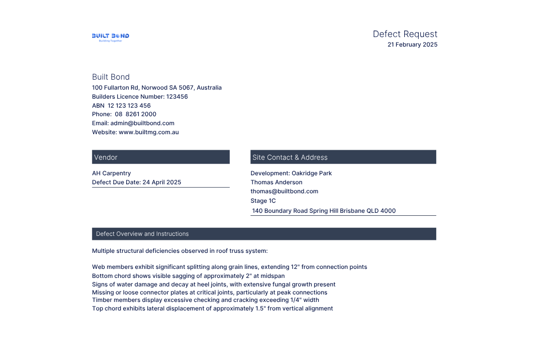 Construction defect request document generated by Built Bond software showing structural issues and vendor details