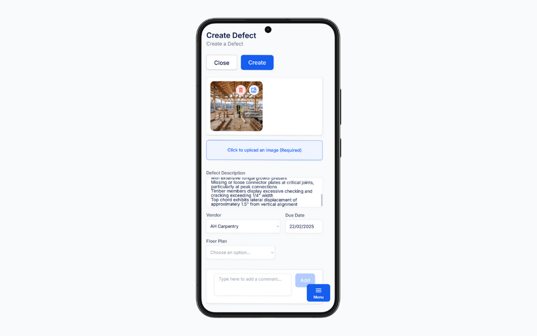 Built Bond mobile app defect reporting feature optimized for construction site documentation and project management