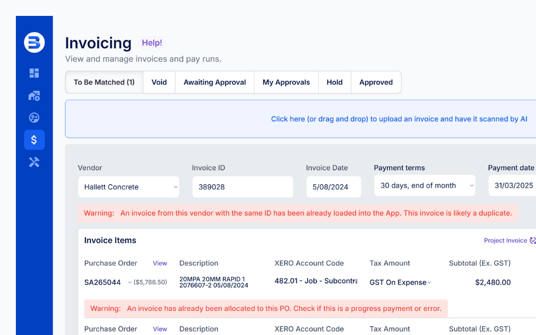 Built Bond AI-powered invoice processing system for automated construction document management and approval workflow