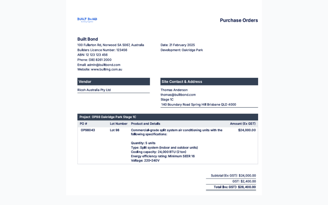 Built Bond purchase order document template for residential construction project procurement and vendor management