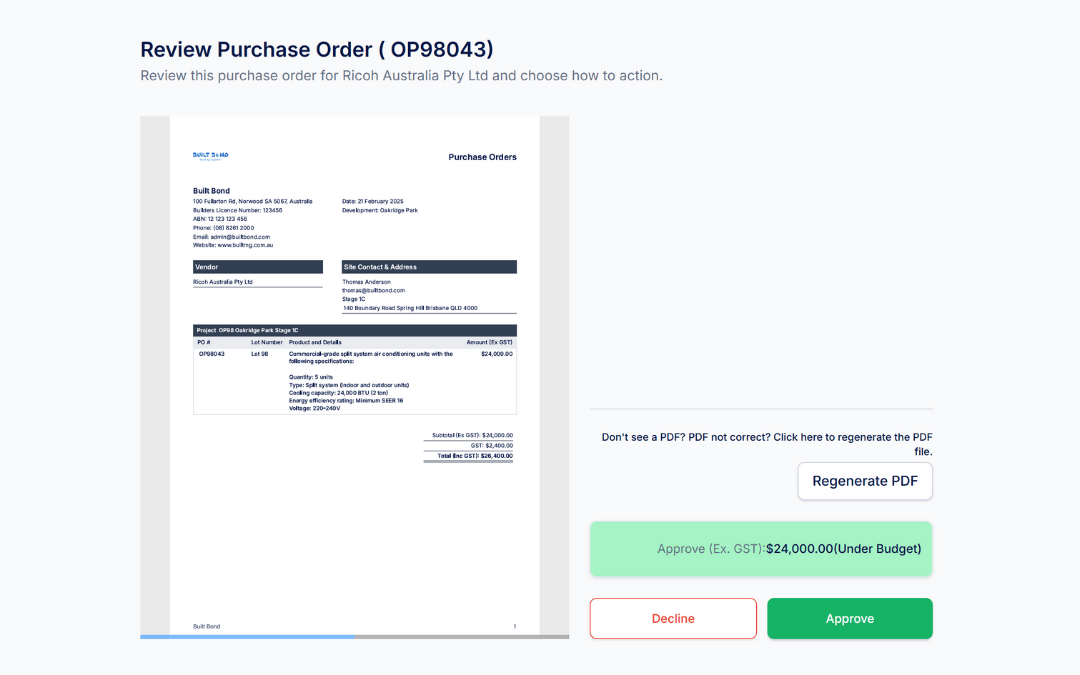 Built Bond purchase order approval interface showing budget tracking and vendor management for residential builders