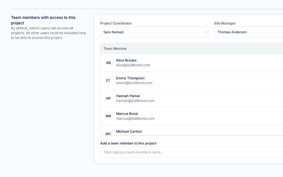 Built Bond team management interface showing project coordinator, site manager, and team member access controls for construction projects