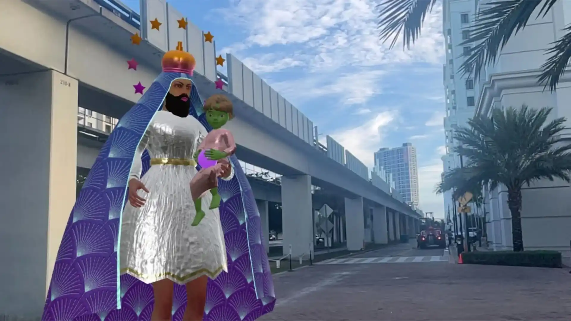 MUD Foundation Antonio Mendez’s Virgin AR Street Activation, featuring a digital figure in a white dress and gold crown holding a green-skinned child, superimposed onto an urban street scene with palm trees and modern buildings.
