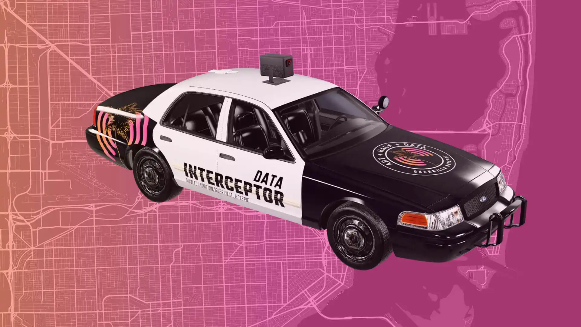 MUD Foundation Media Under Dystopia 6.0 featuring a black-and-white police-style vehicle labeled “Data Interceptor,” equipped with a roof-mounted device and Art Hack Data Guerrilla logo on the hood.