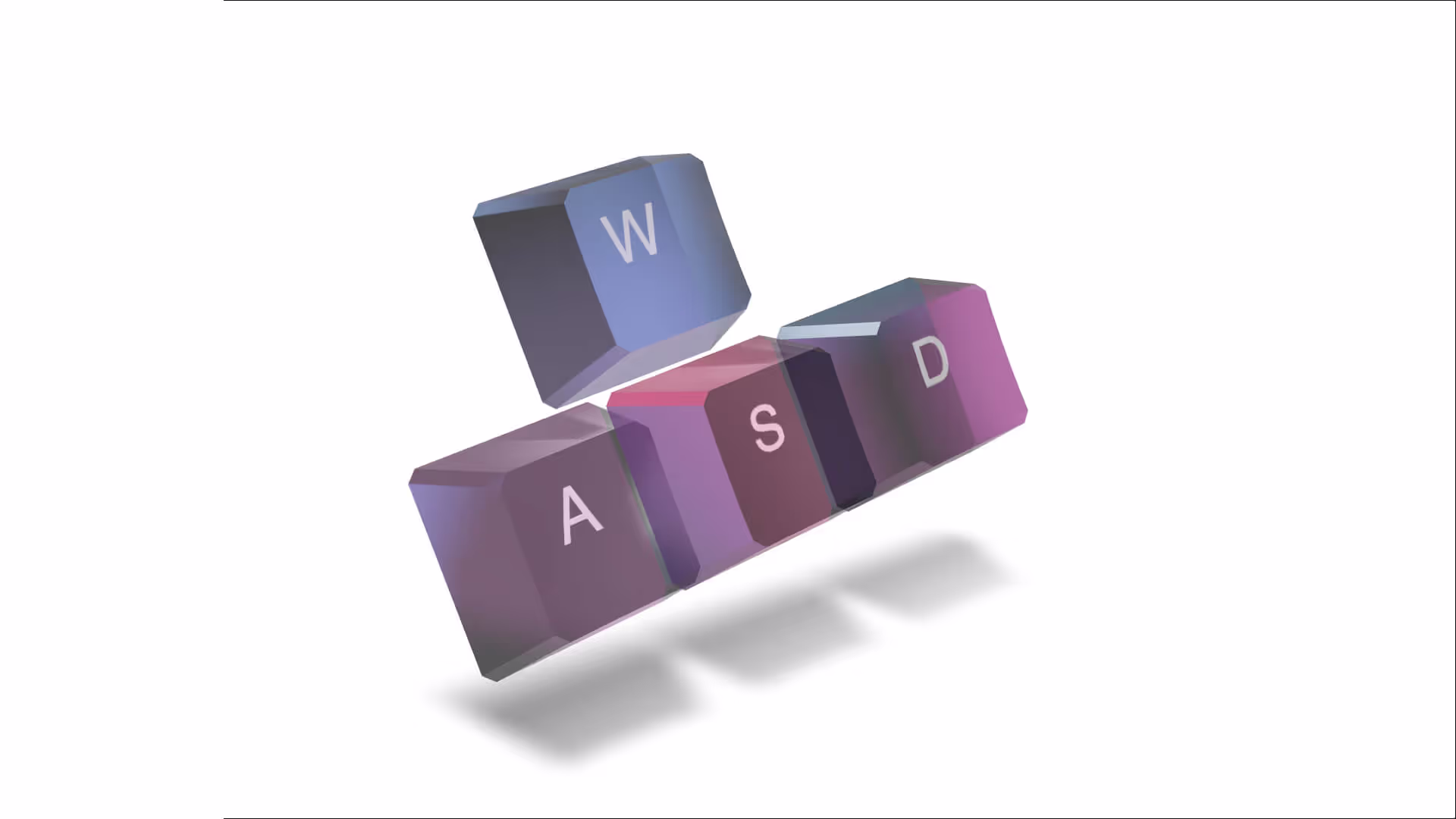 3D rendered keyboard keys W, A, S, and D in floating arrangement with subtle shadows on a white background.