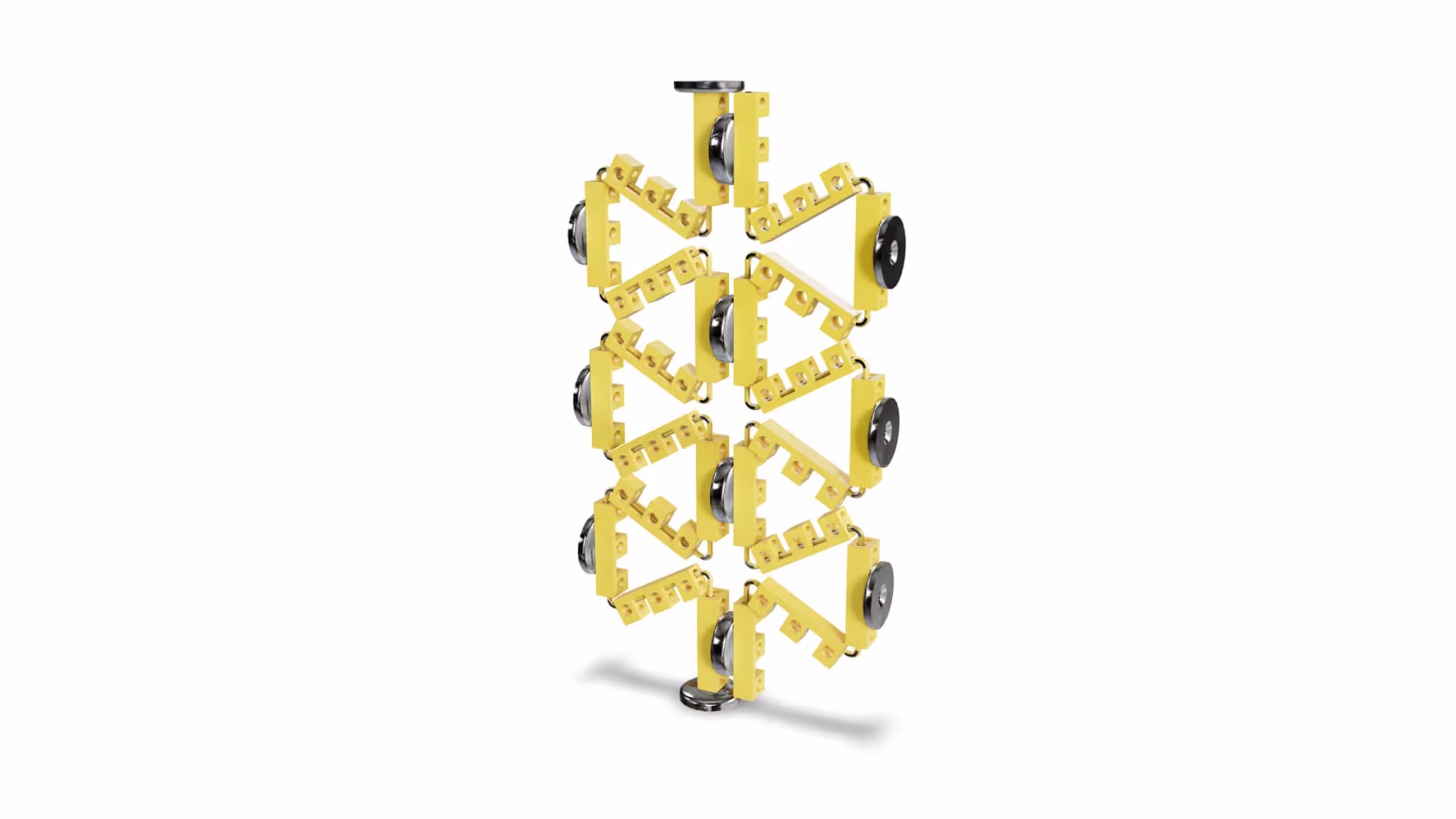 MUD Foundation Rafael Rodriguez Garciga’s Auxetic Unit Cell No. 1, featuring a 3D model of interconnected yellow triangular frames with black circular joints arranged vertically.