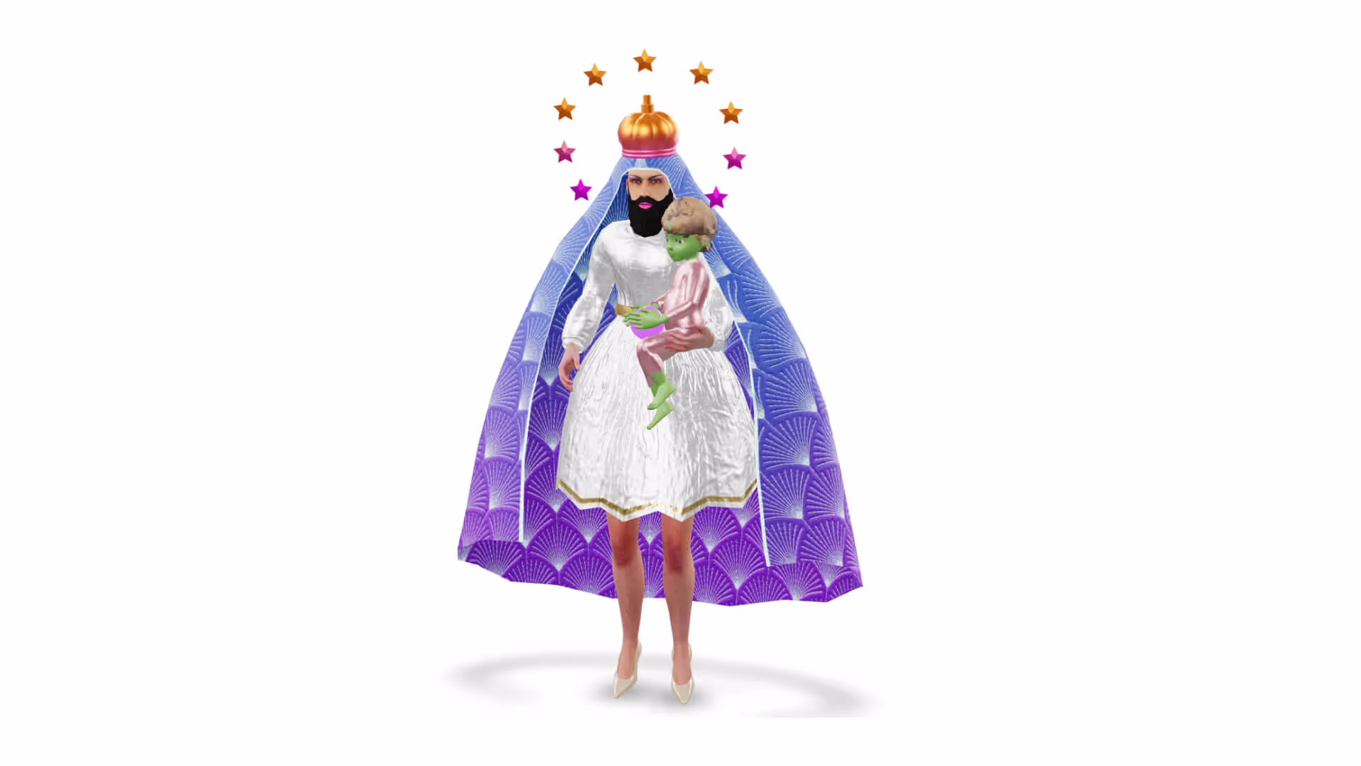 MUD Foundation Antonio Mendez’s Augmented Drag Reality, featuring a female figure in a white dress, purple fan-patterned cape, and gold crown holding a green-skinned child in pink, with stars forming a halo above the crown.