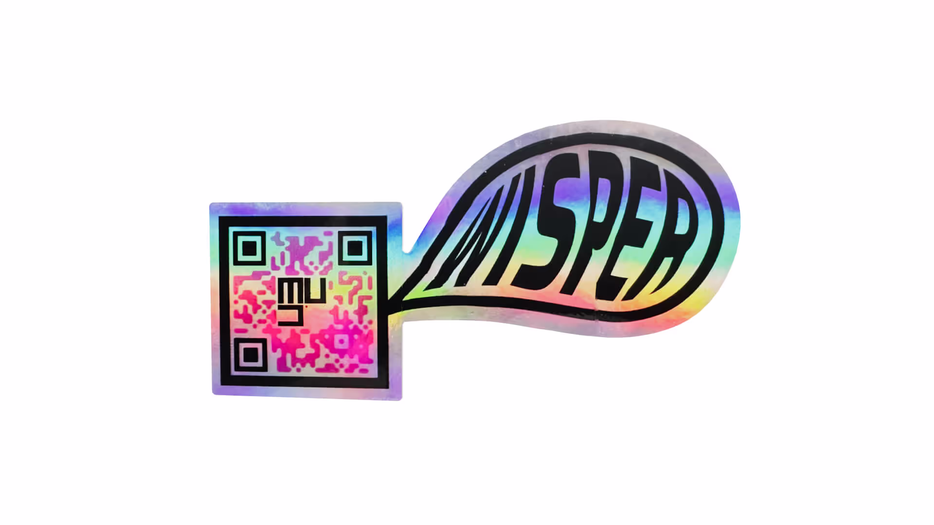 MUD Foundation WISper, featuring a holographic sticker with a colorful QR code and the word “WISPER” in black stylized lettering emerging from the code within a speech-bubble-shaped design.