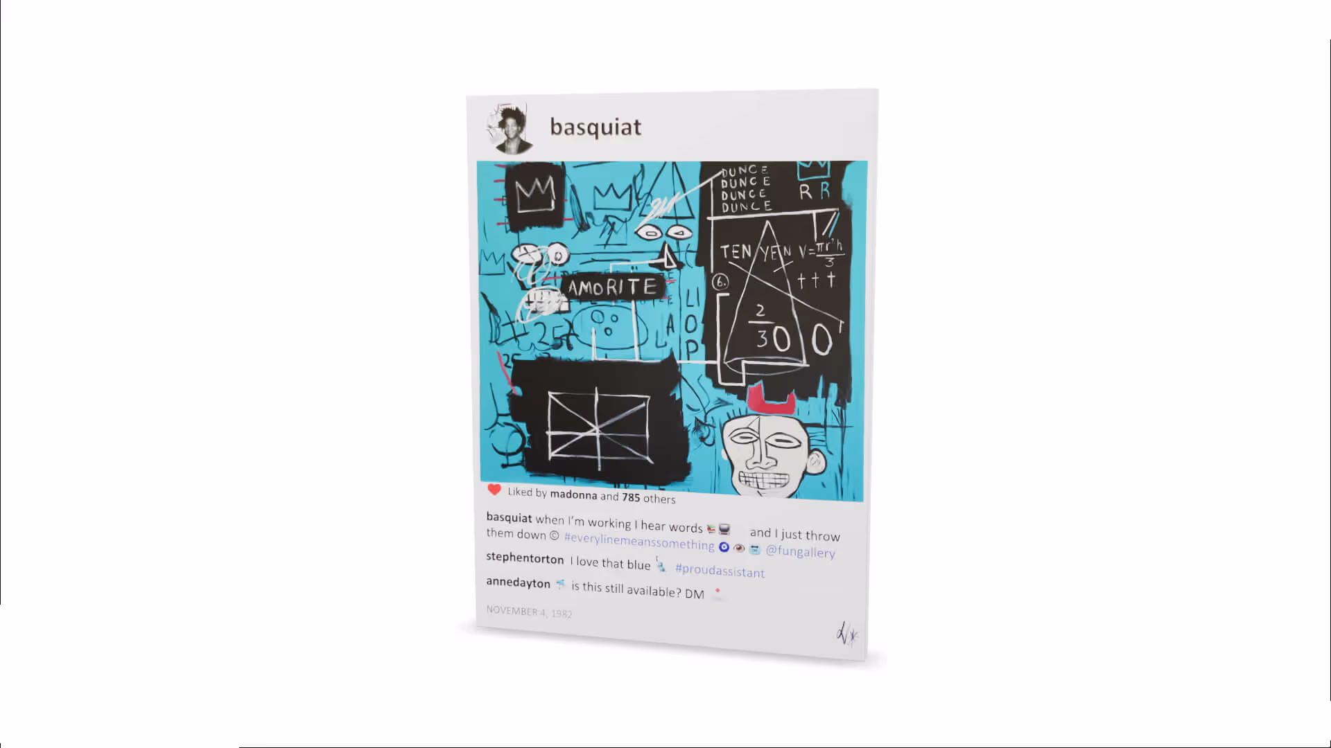 MUD Foundation Laurence De Valmy’s Basquiat Equals Pi, featuring a colorful abstract artwork with doodles, text, mathematical symbols, and a stylized face wearing a red crown against a blue and black background.