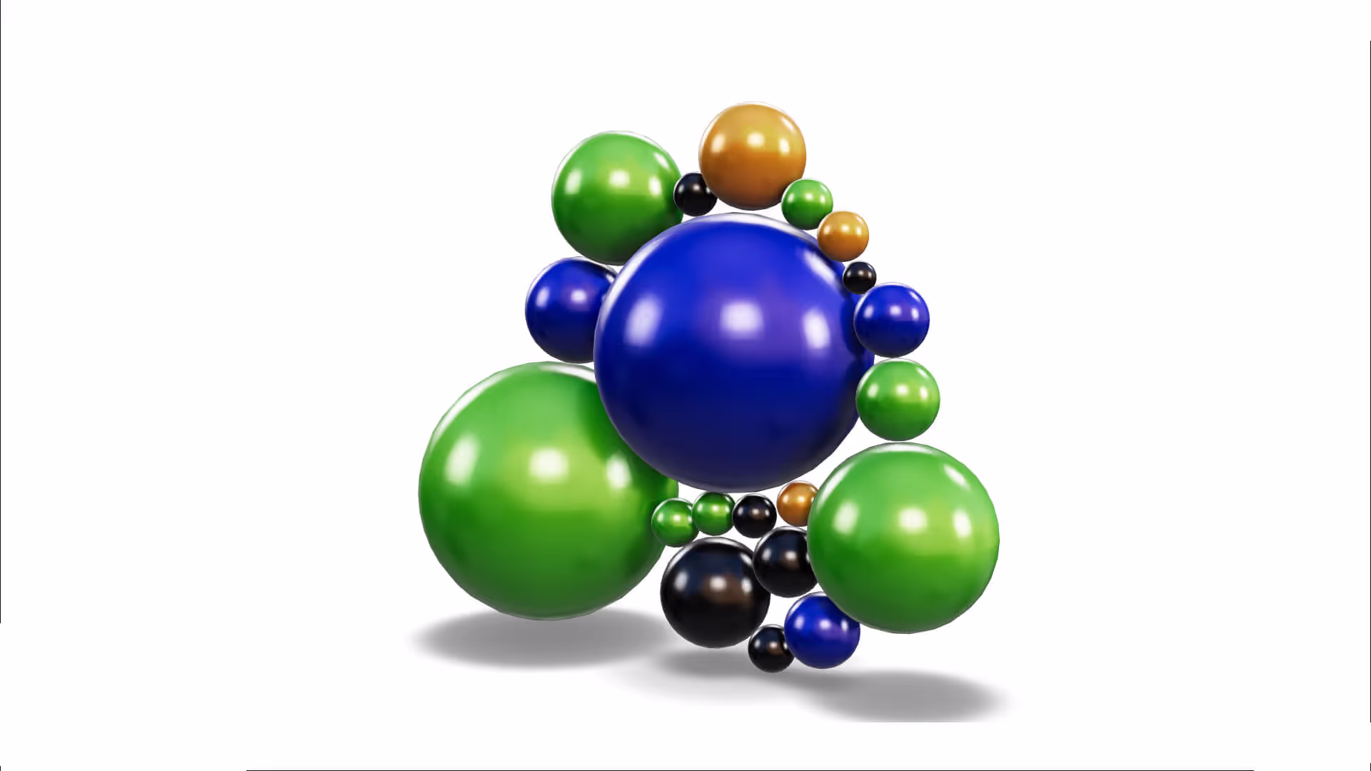 MUD Foundation Rodolfo Peraza’s Naked Link Pilgram 4.0 Sphere No-1, featuring a compact triangular cluster of shiny spheres in various sizes and colors, including blue, green, gold, and black, arranged against a white background.