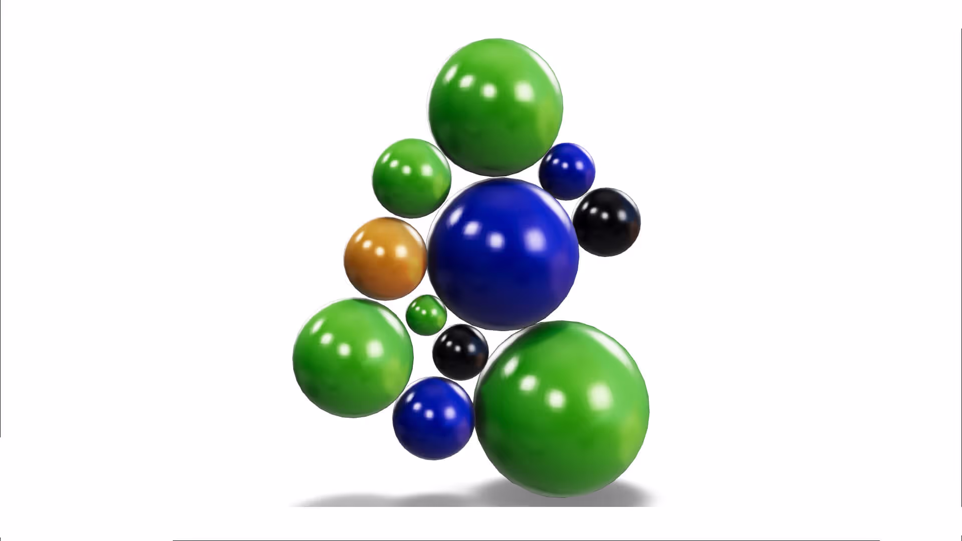 MUD Foundation Rodolfo Peraza’s Naked Link Pilgrim 4.0 Sphere No-2, featuring a cluster of shiny spheres in varying sizes and colors, including green, blue, black, and gold, floating against a white background.