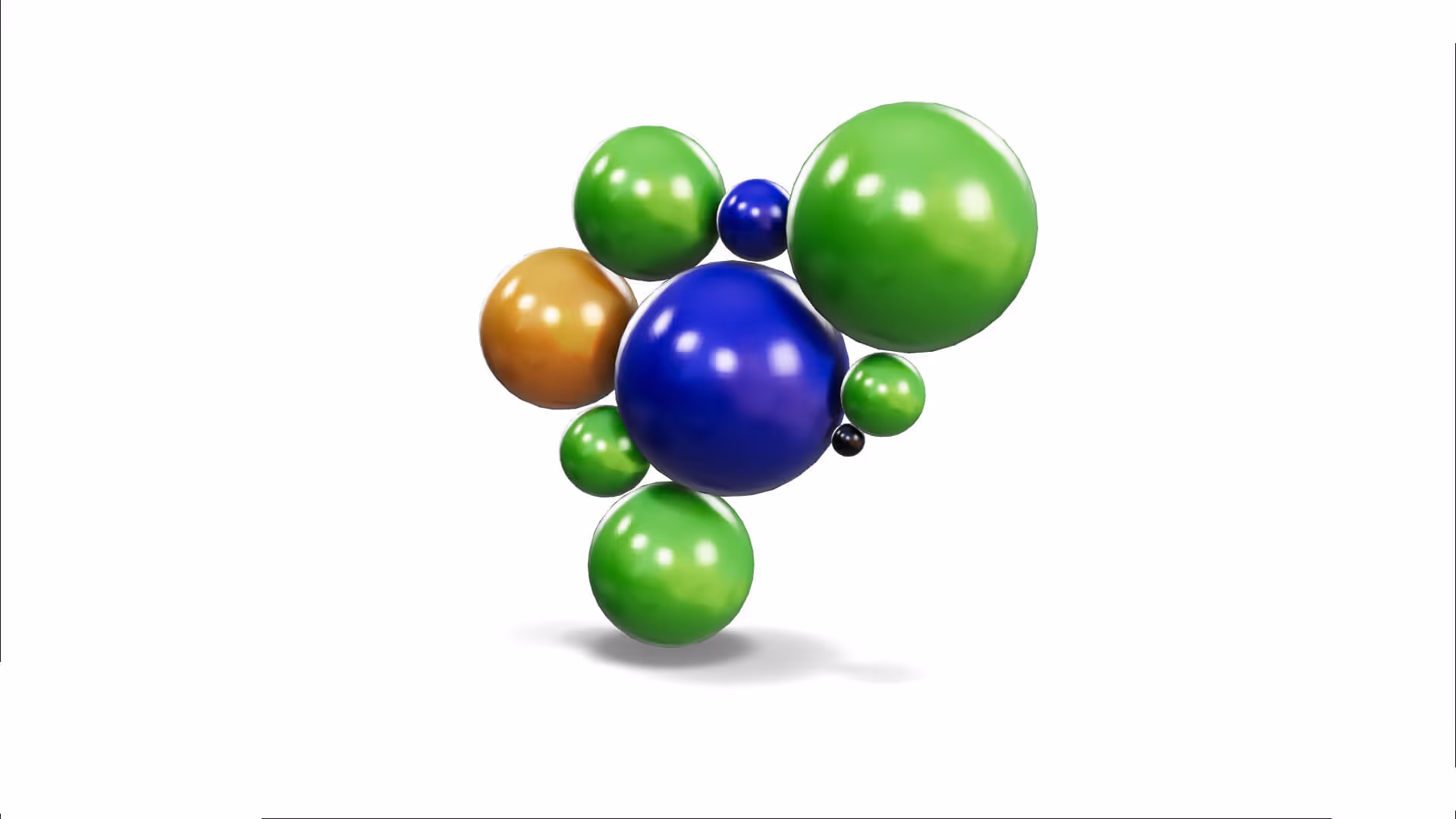 MUD Foundation Rodolfo Peraza’s Naked Link Pilgrim 4.0 Sphere No-5, featuring a cluster of shiny green, blue, and bronze spheres in varying sizes floating against a white background.