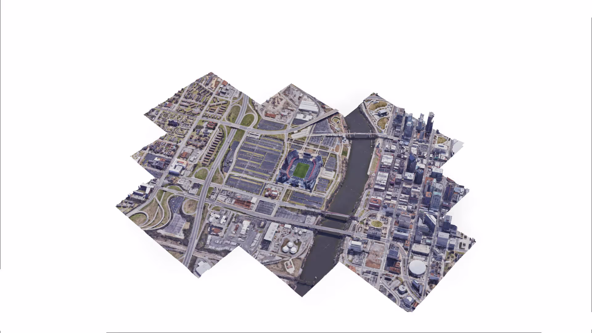 MUD Foundation Rodolfo Peraza’s Naked Link Pilgram 4.0 Map No-2, featuring an aerial view of an urban area with a river running through the center, bridges, roads, buildings, and a sports stadium along the riverbank.