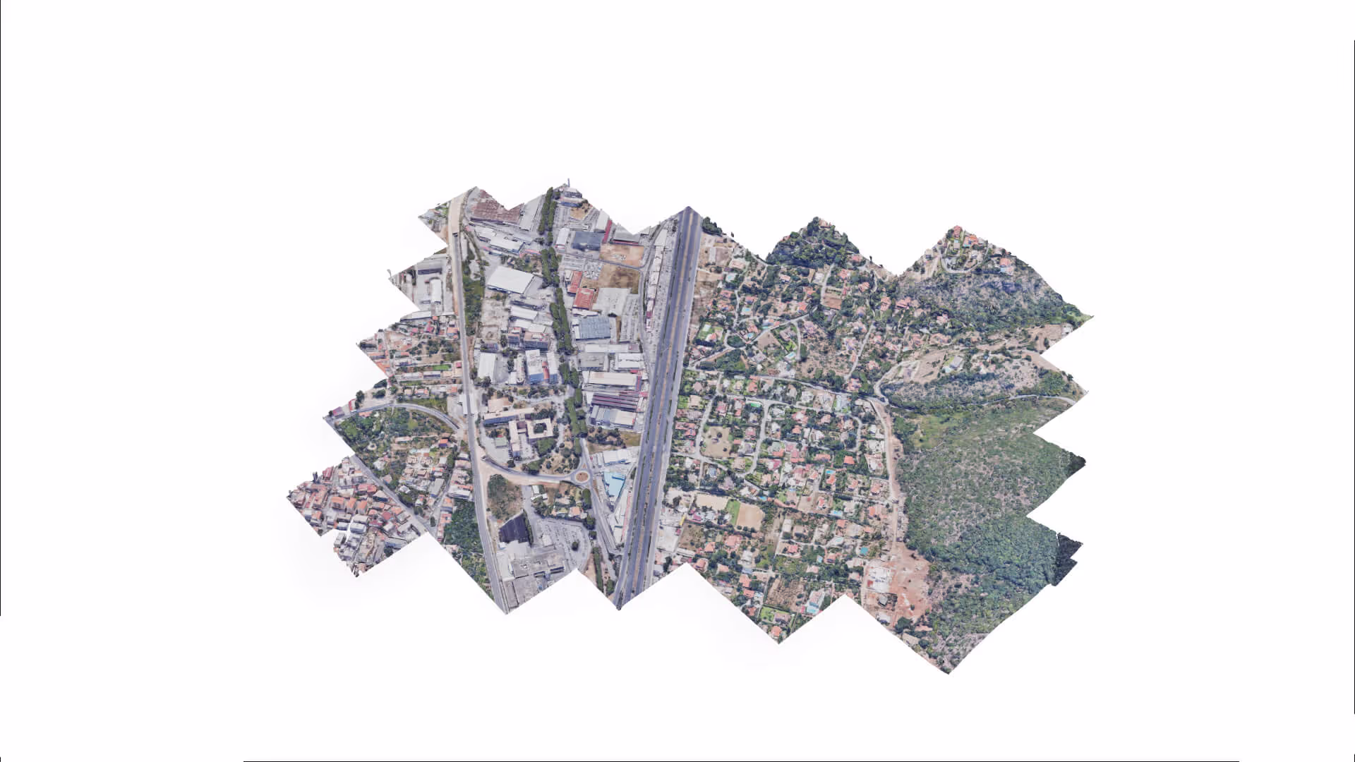 MUD Foundation Rodolfo Peraza’s Naked Link Pilgram 4.0 Map No-3, featuring a stitched aerial map with a highway running vertically, industrial buildings on the left, and a residential neighborhood with scattered houses and greenery on the right.