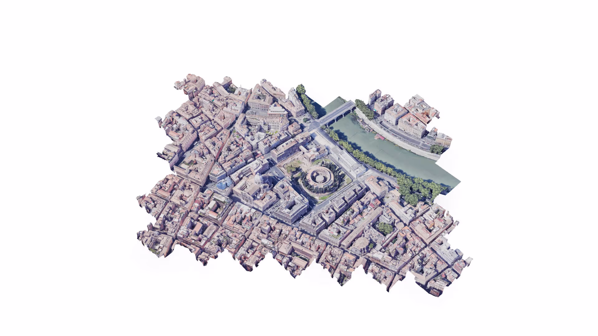 MUD Foundation Rodolfo Peraza’s Naked Link Pilgrim 4.0 Map No-4, featuring a 3D aerial view of a dense urban area with a circular structure and courtyard near the center, adjacent to a river bordered by greenery and crossed by a bridge.