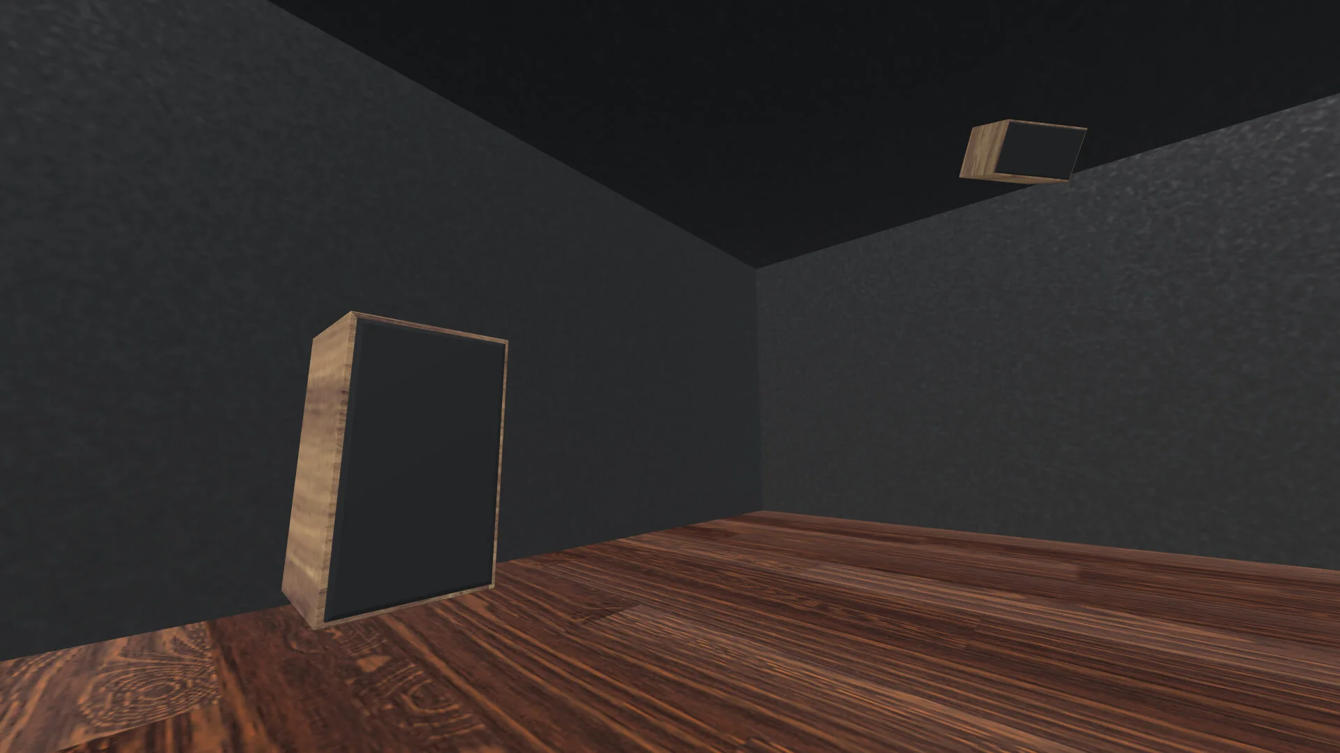 MUD Foundation XR Verse The Jungle No Longer Sounds, featuring a minimalist virtual exhibition space with dark walls, a wooden floor, and two black rectangular artworks with wooden frames, one standing against the wall and another suspended from the ceiling.