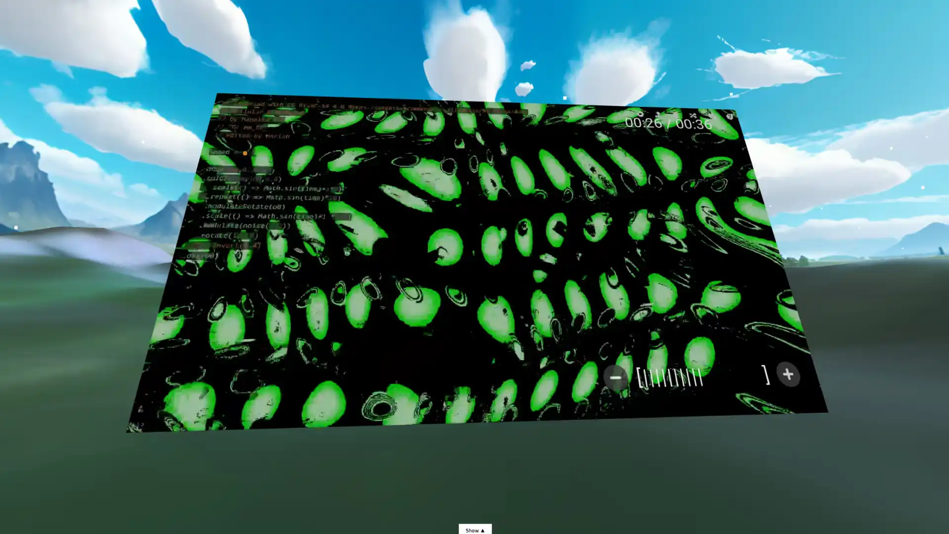 MUD Foundation XR Verse Tech Kids Unlimited, featuring a virtual landscape with blue skies and clouds surrounding a large digital display showing abstract green forms, code, and interface elements.