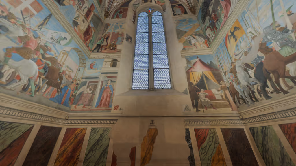 MUD Foundation Piero della Francesca’s Bacci Chapel in Verse, featuring a Renaissance chapel interior with a tall arched window and colorful frescoes depicting people, horses, and various biblical and historical scenes.