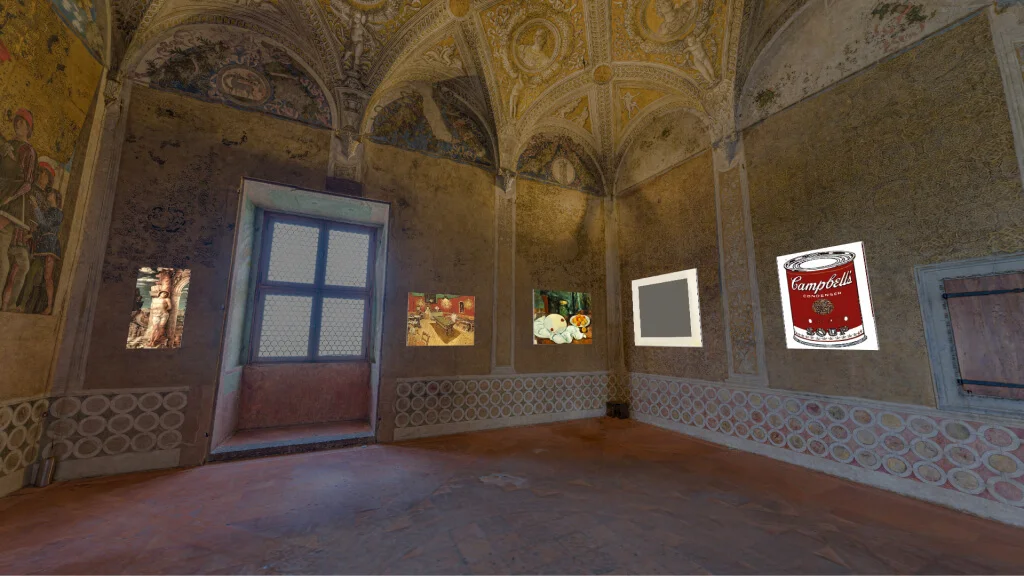 MUD Foundation XR Verse History of Art for the Intelligence Community, featuring a historic interior with ornate frescoes, vaulted ceilings, decorative geometric patterns, and digital artworks displayed along the walls.