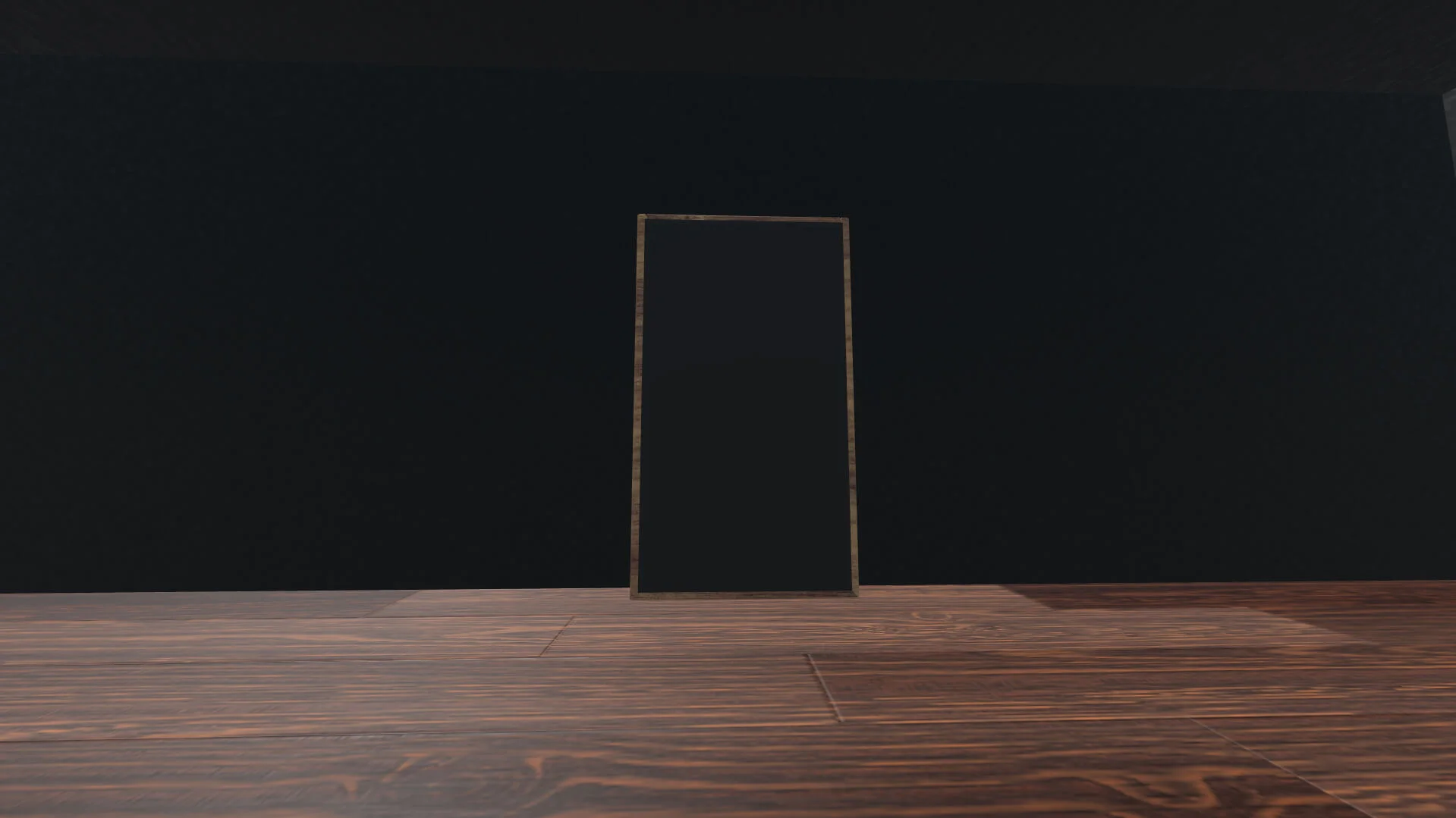 MUD Foundation XR Verse Generation Loss, featuring a minimalist virtual exhibition space with a dark wall, wooden floor, and a single tall black rectangular artwork framed in wood.