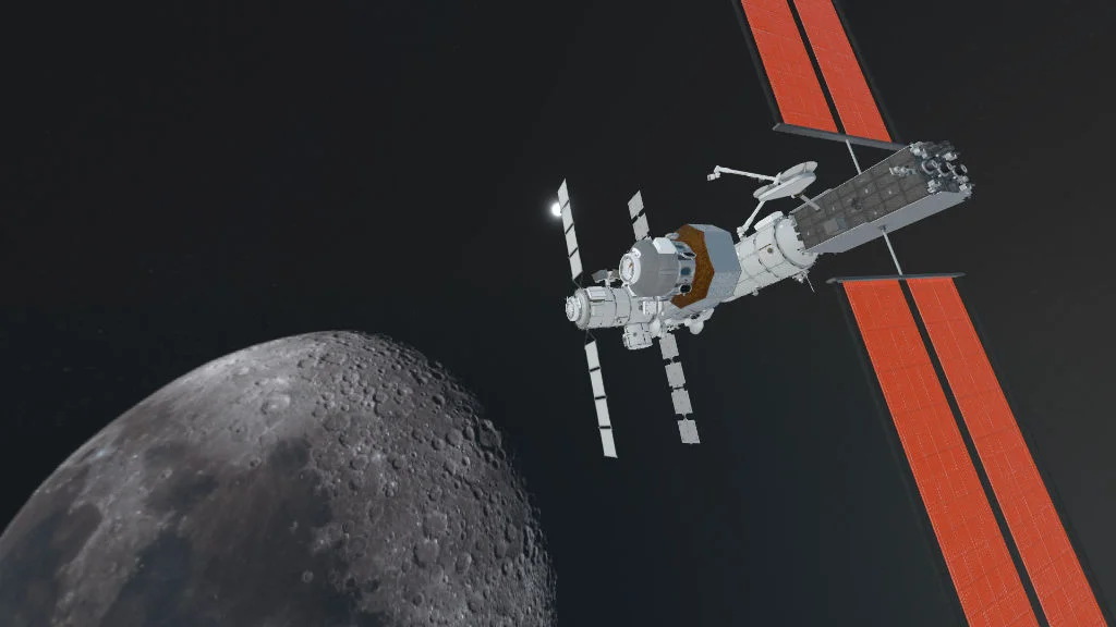 MUD Foundation XR Verse Gateway Lunar Space Station, featuring a detailed space station with large orange solar panels orbiting above the cratered surface of the Moon against a dark space background.
