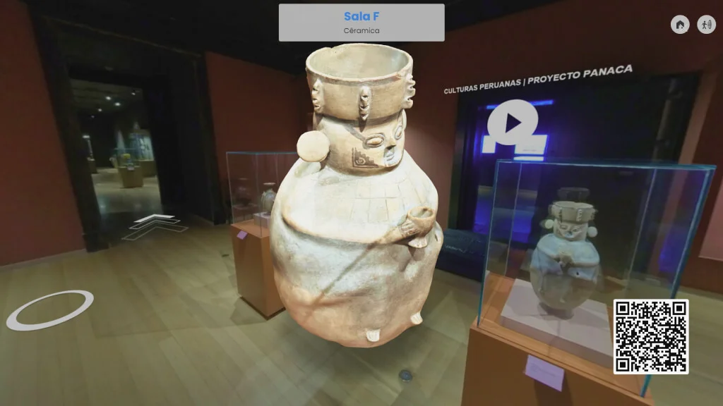 MUD Foundation XR 360 Verse Ancestral Treasures of Peru, featuring a large ceramic vessel displayed in a virtual museum gallery, with a glass display case, exhibition information, and a QR code visible nearby.