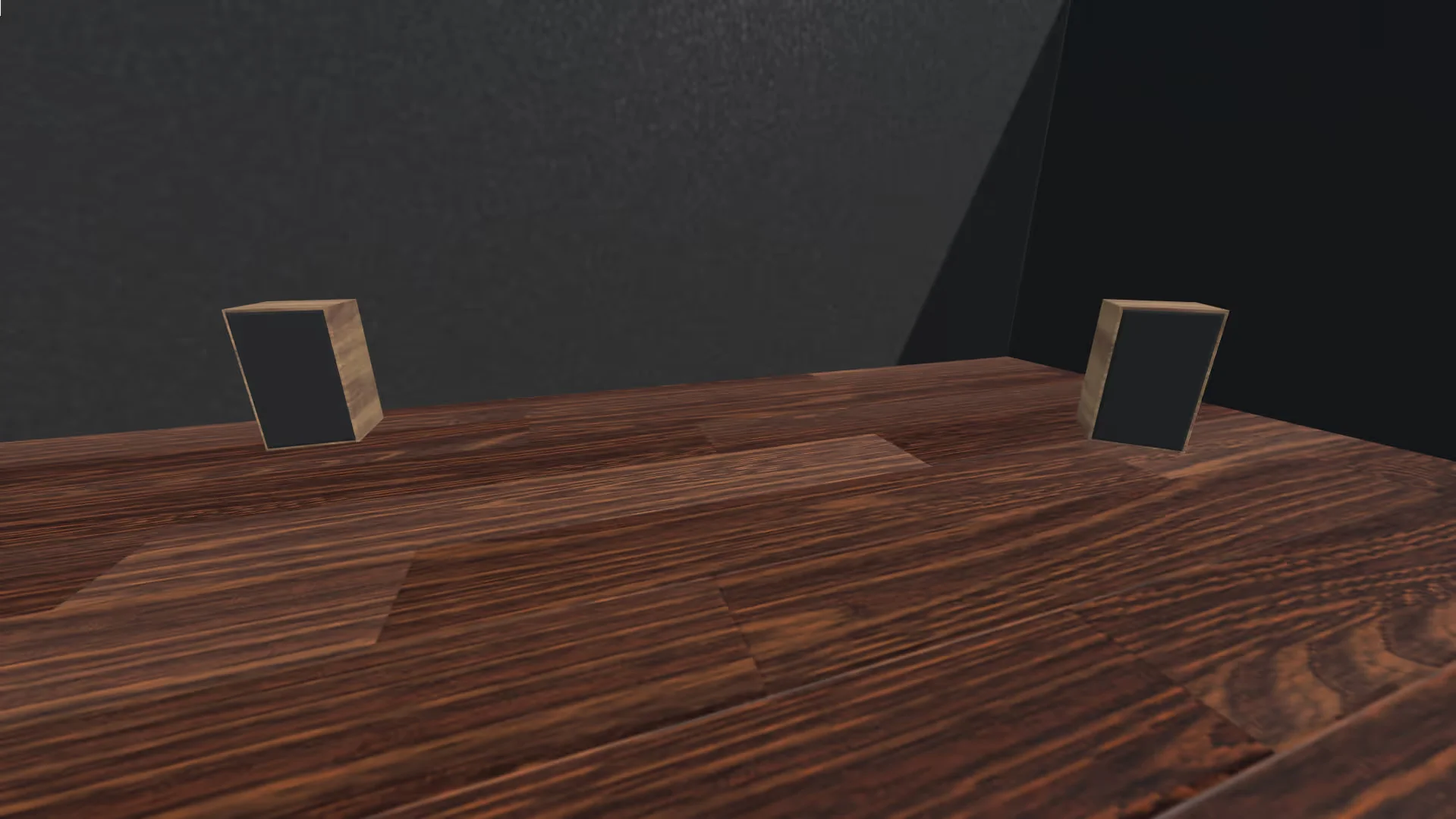 MUD Foundation XR Verse Door Chime, featuring a minimalist virtual exhibition space with a wooden floor and two black rectangular panels framed in wood, positioned apart against dark walls.