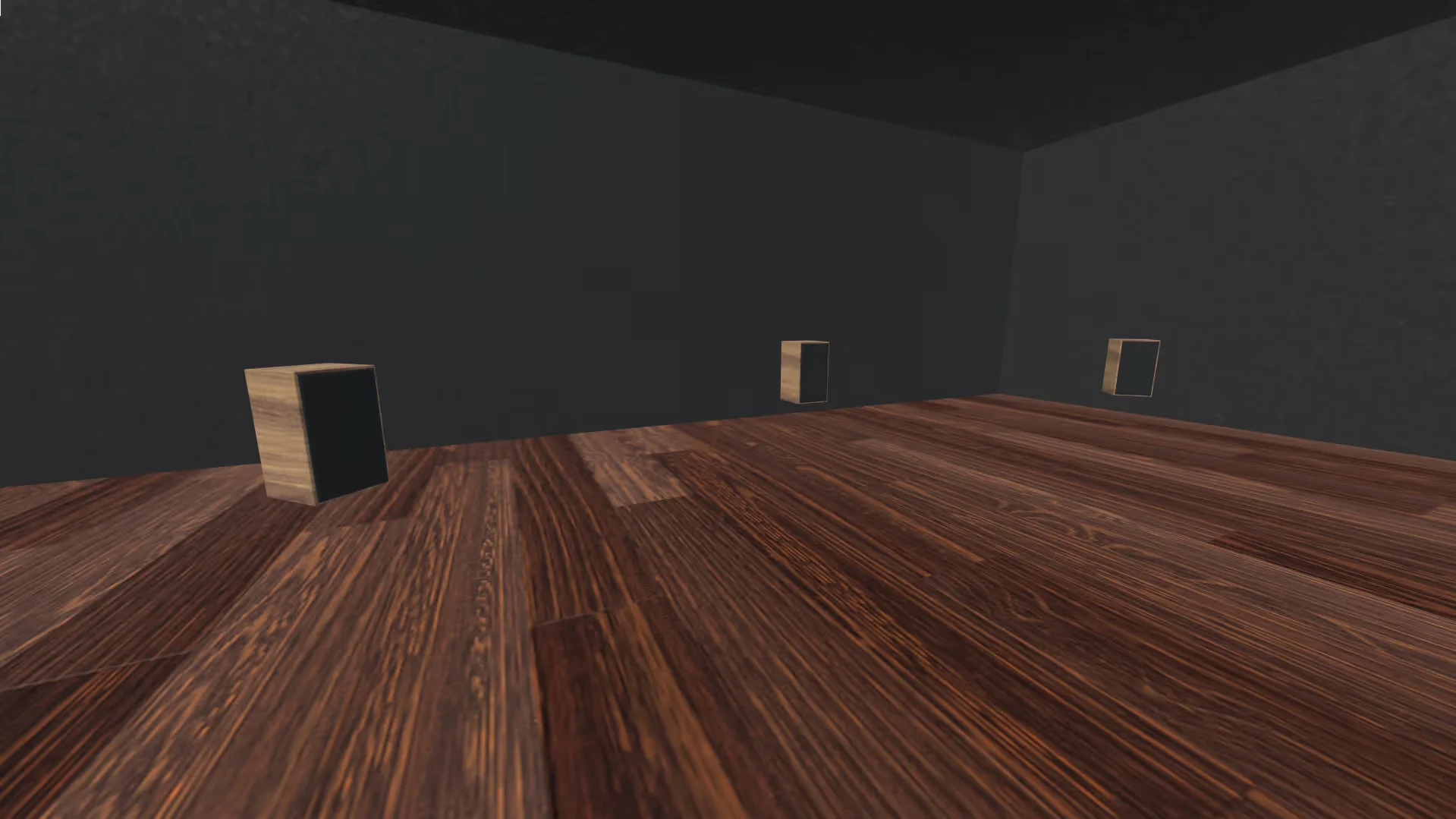 MUD Foundation XR Verse Impulse Impromptu, featuring a minimalist virtual exhibition space with a wooden floor and three black rectangular panels with wooden frames positioned against dark walls.