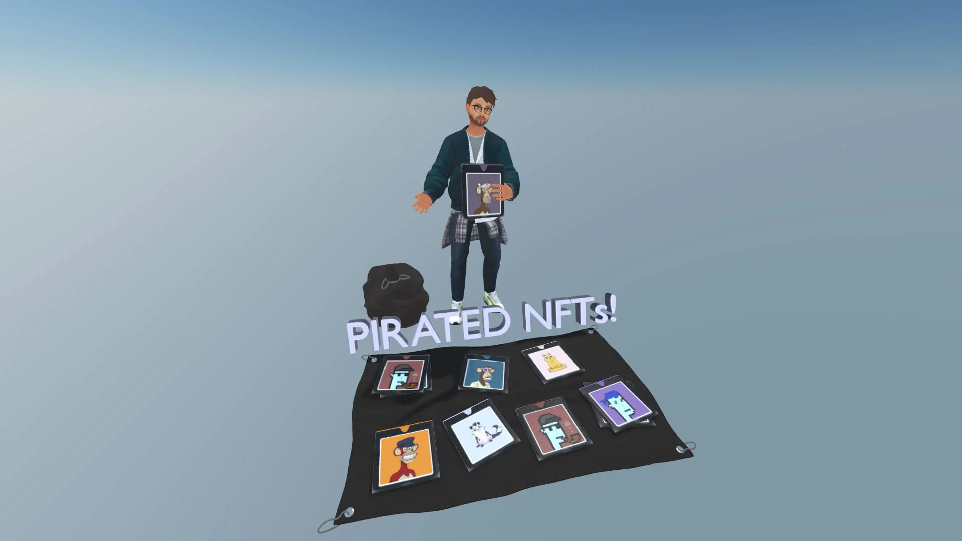 MUD Foundation XR Verse MetaMantero, featuring a stylized 3D character presenting digital artworks displayed on a black platform labeled “PIRATED NFTs!”