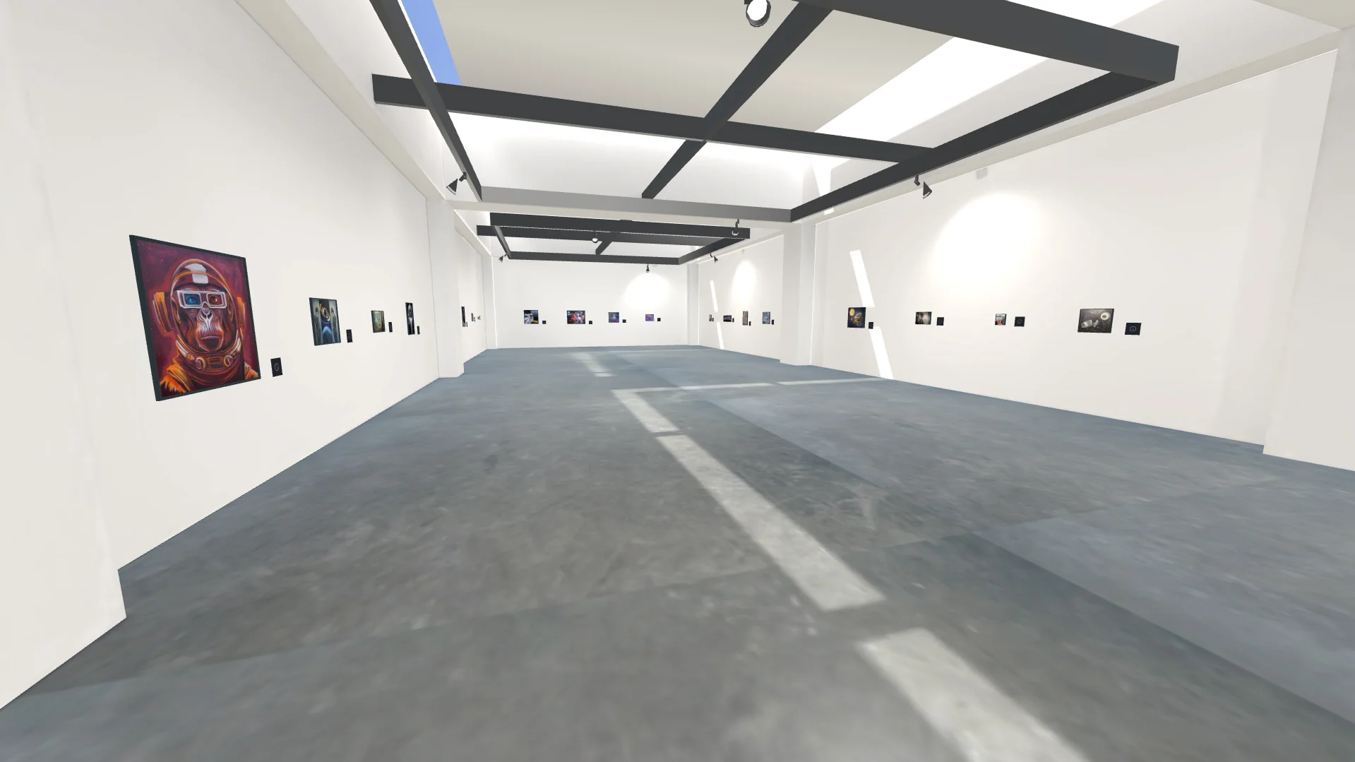 MUD Foundation XR Verse Space Is Weird So Are We, featuring a bright white virtual gallery space with artworks displayed along the walls and geometric ceiling beams.