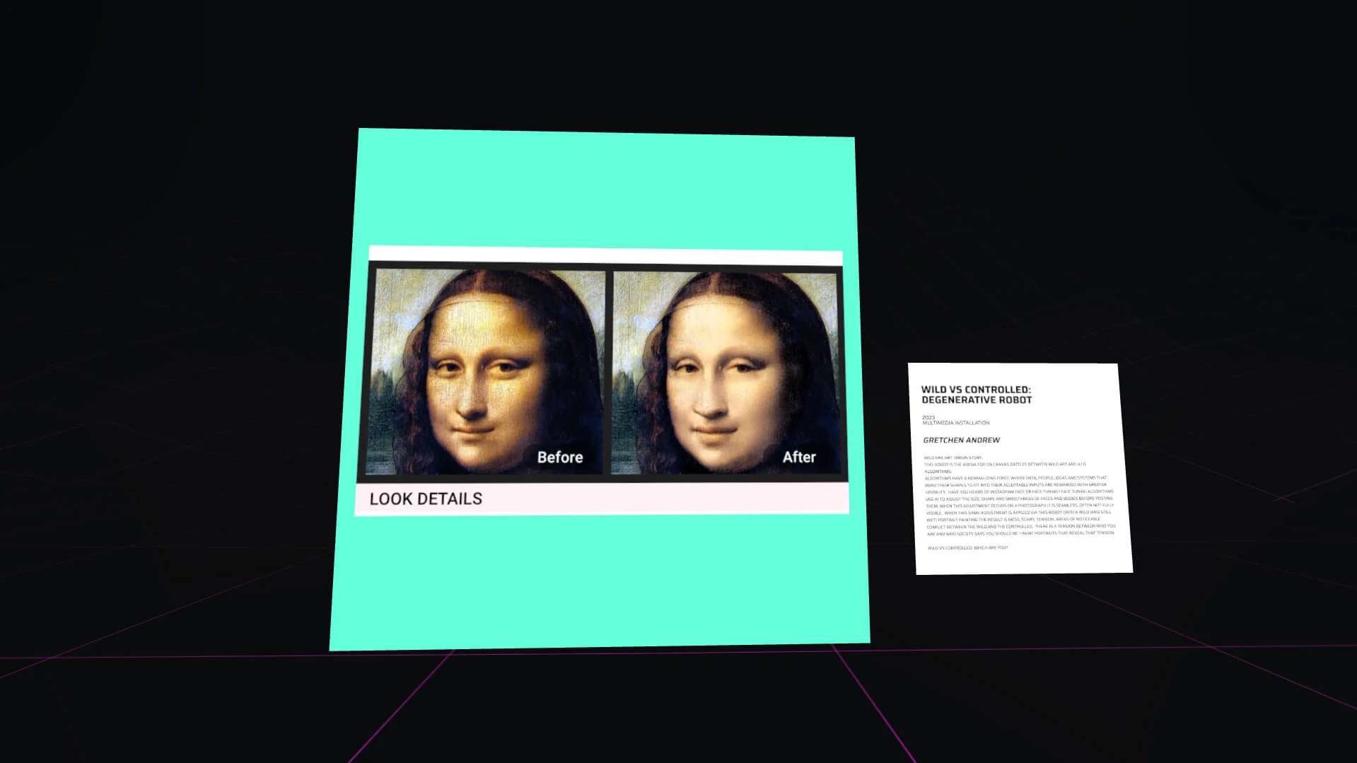 MUD Foundation XR Verse Wild vs Controlled: deGenerative Robot, featuring a virtual gallery display comparing “Before” and “After” images of the Mona Lisa alongside an artwork information panel.