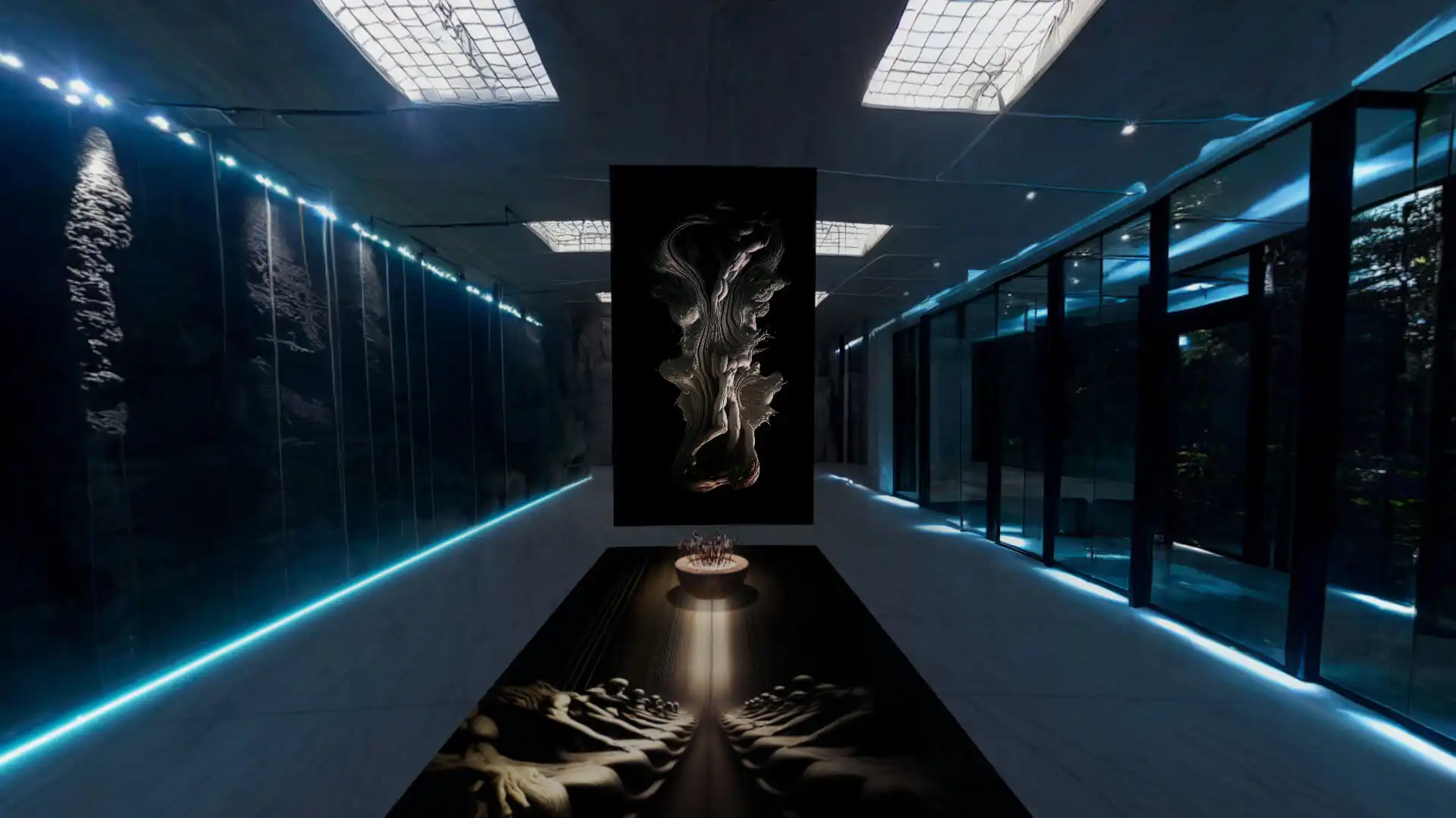 MUD Foundation XR Verse My Silence Would Be as Stone, featuring a dark futuristic gallery with blue lighting, a suspended sculptural artwork, and a central installation on a reflective black platform.