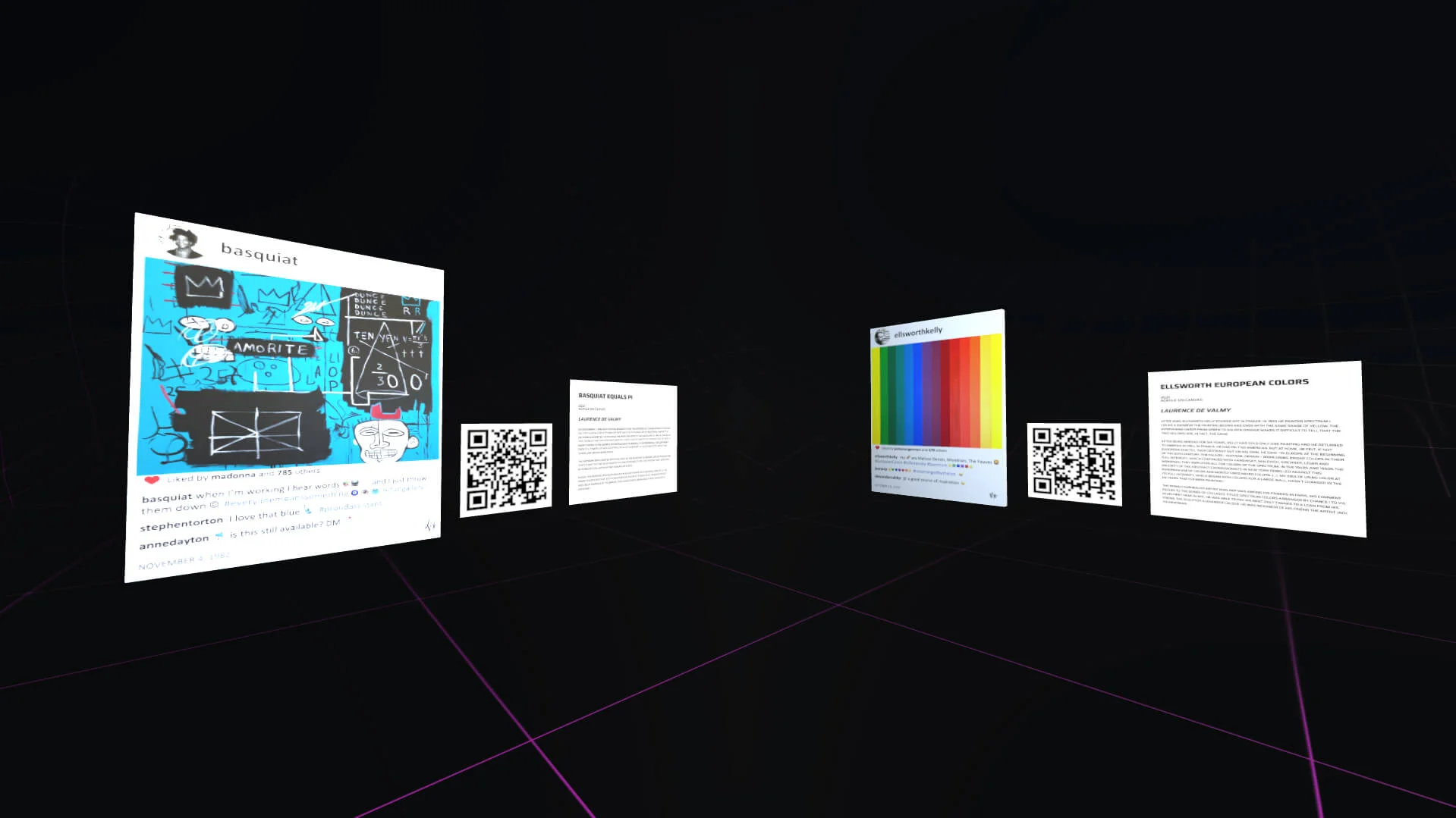 MUD Foundation XR Verse Post, featuring digital artworks by Jean-Michel Basquiat and Ellsworth Kelly displayed with QR codes and exhibition information panels in a virtual gallery.
