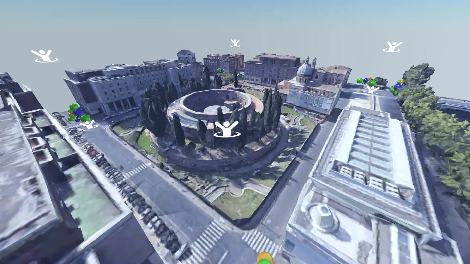 MUD Foundation XR Verse Naked Link Pilgrim 4.0, featuring a virtual city with classical architecture, a large circular amphitheater, colorful digital markers, and avatar interaction icons throughout the environment.