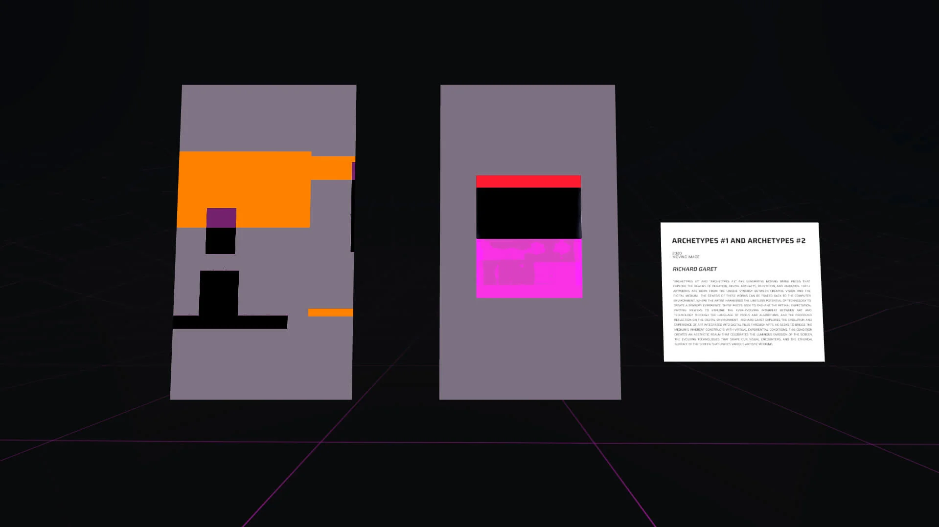 MUD Foundation XR Verse Archetypes #1 and Archetypes #2, featuring two abstract digital artworks with geometric shapes in orange, purple, black, and pink, displayed alongside an exhibition information panel.