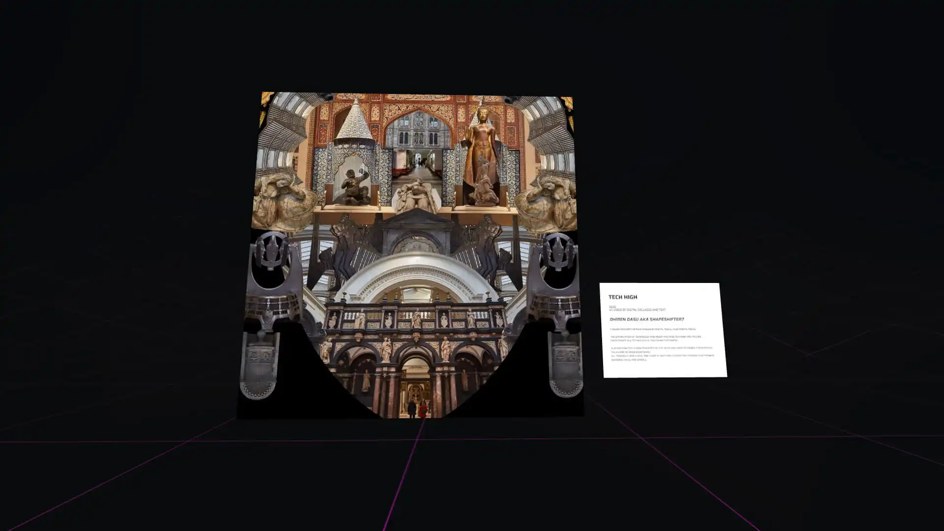 MUD Foundation XR Verse Tech High, featuring a digital collage of architectural and sculptural imagery displayed alongside an exhibition information panel in a virtual gallery.